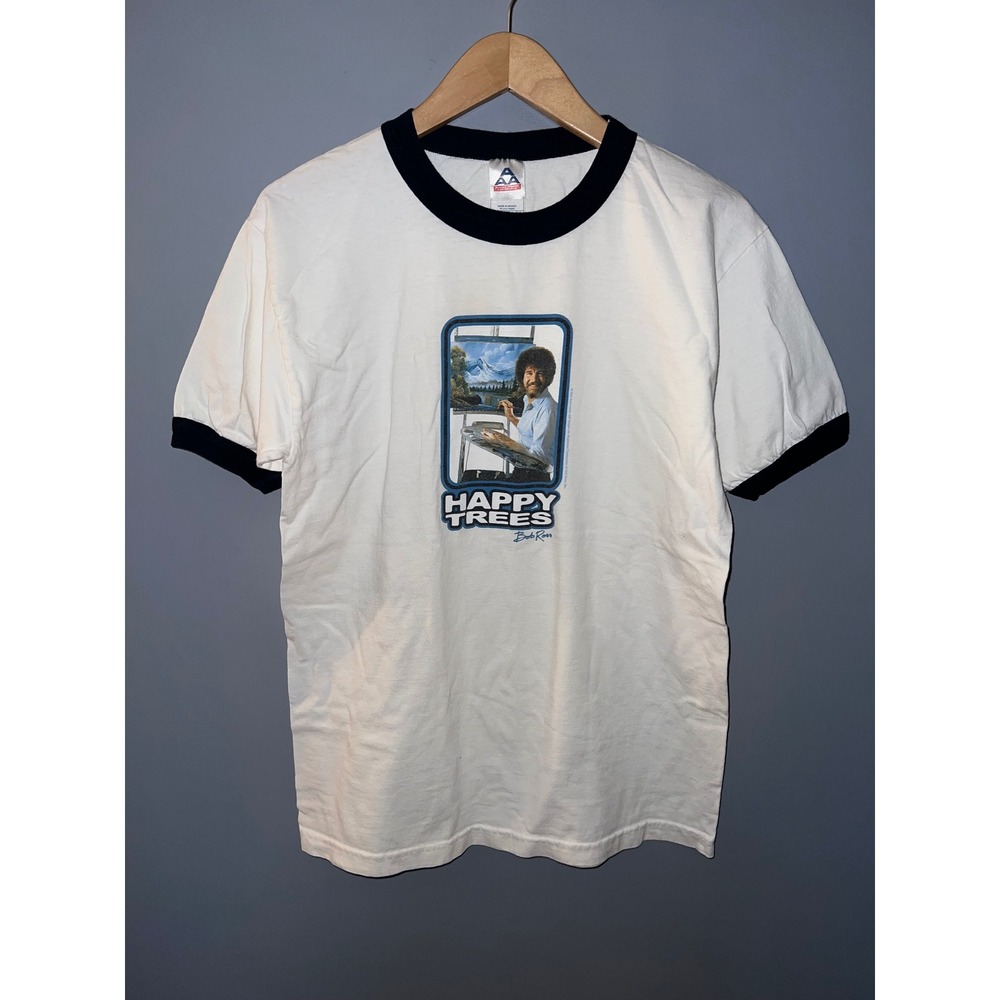 Bob‎ Ross Happy Trees Graphic Ringer Tee White Navy Alstyle Mens Size Medium